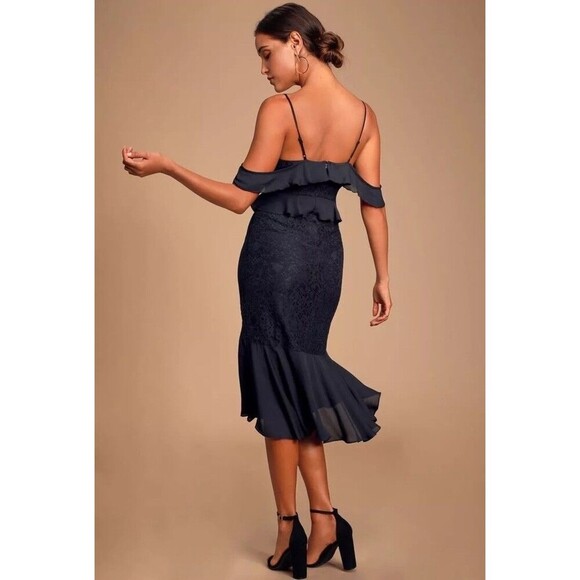 Lulu’s XS Romance Dance Floral Lace Embroidered Off Shoulder Midi Ruffle Dress - Picture 2 of 11